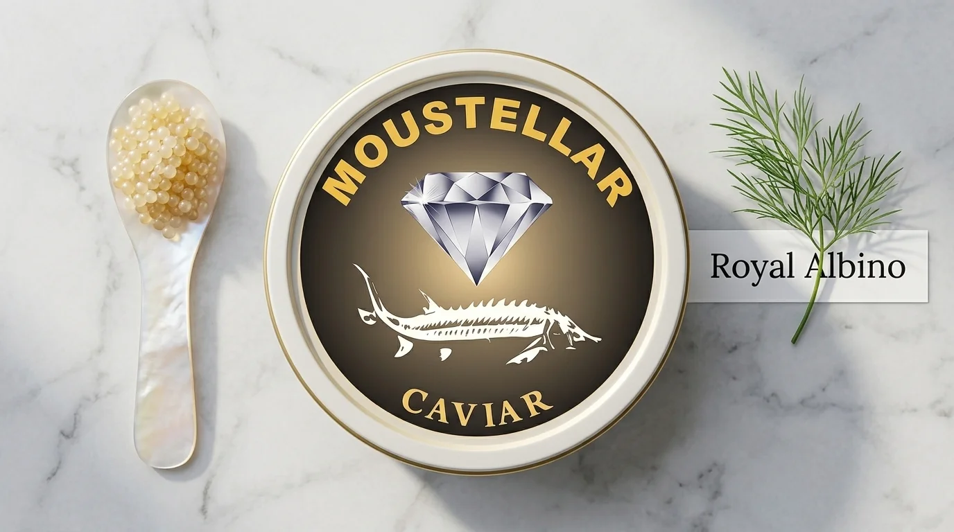 Luminous pale-gold Royal Albino caviar pearls in a moustellar tin